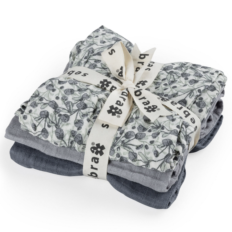 Sebra Musselin-Spucktuch 3-er Pack Blue olive, Forest lake blue