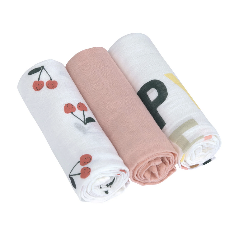 LÄSSIG Mulltücher 3er Set 80 x 80 cm – Happy Fruits Cherry