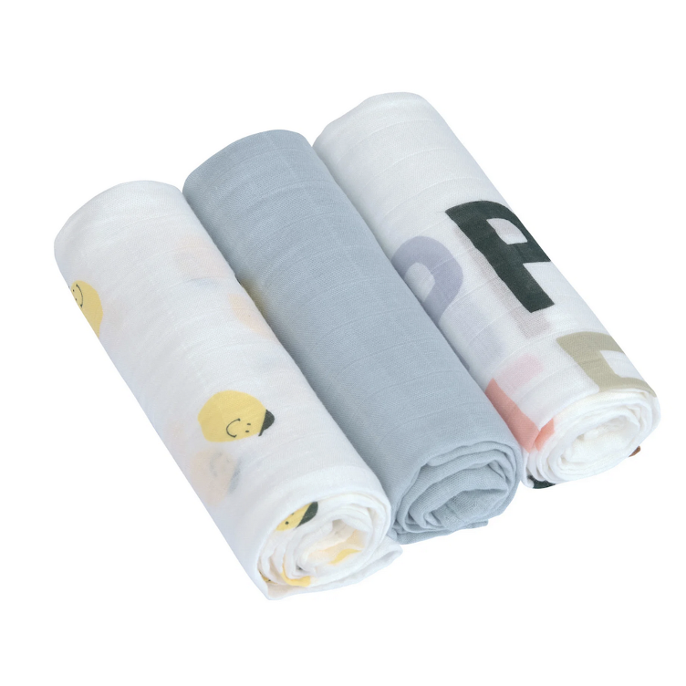 LÄSSIG Mulltücher 3er Set 80 x 80 cm – Happy Fruits Lemon