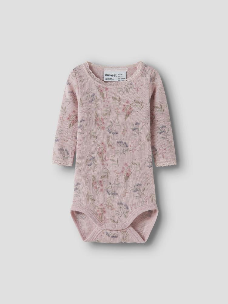 NAME IT BABY Langarm Body aus 100% Merinowolle – Purple Violet Ice Flowers & Leafs - 3