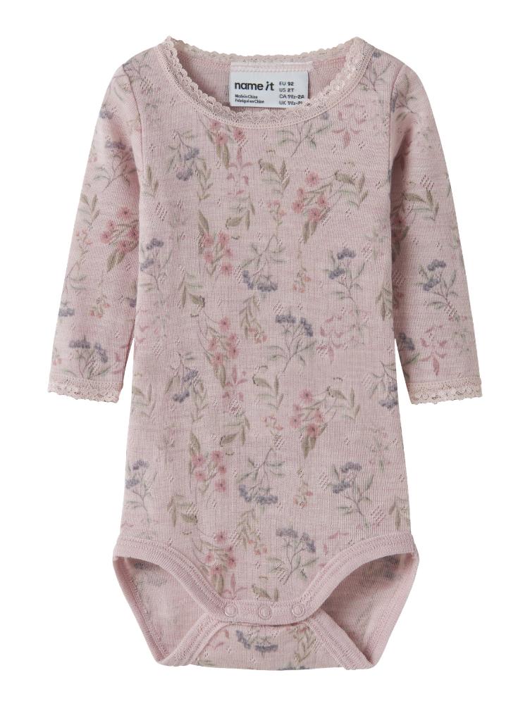 NAME IT BABY Langarm Body aus 100% Merinowolle – Purple Violet Ice Flowers & Leafs - 2