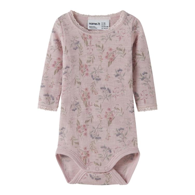 NAME IT BABY Langarm Body aus 100% Merinowolle – Purple Violet Ice Flowers & Leafs