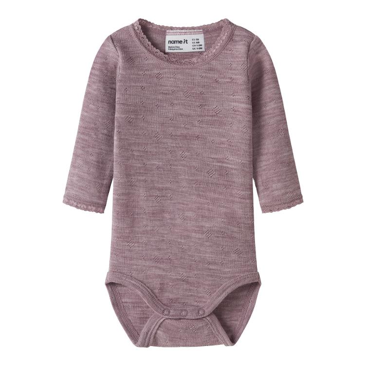 NAME IT BABY Langarm Body aus 100% Merinowolle – Purple Toadstool