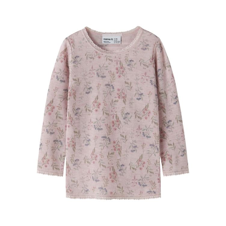 NAME IT Langarm Top aus 100% Merinowolle – Purple Violet Ice Flowers & Leafs