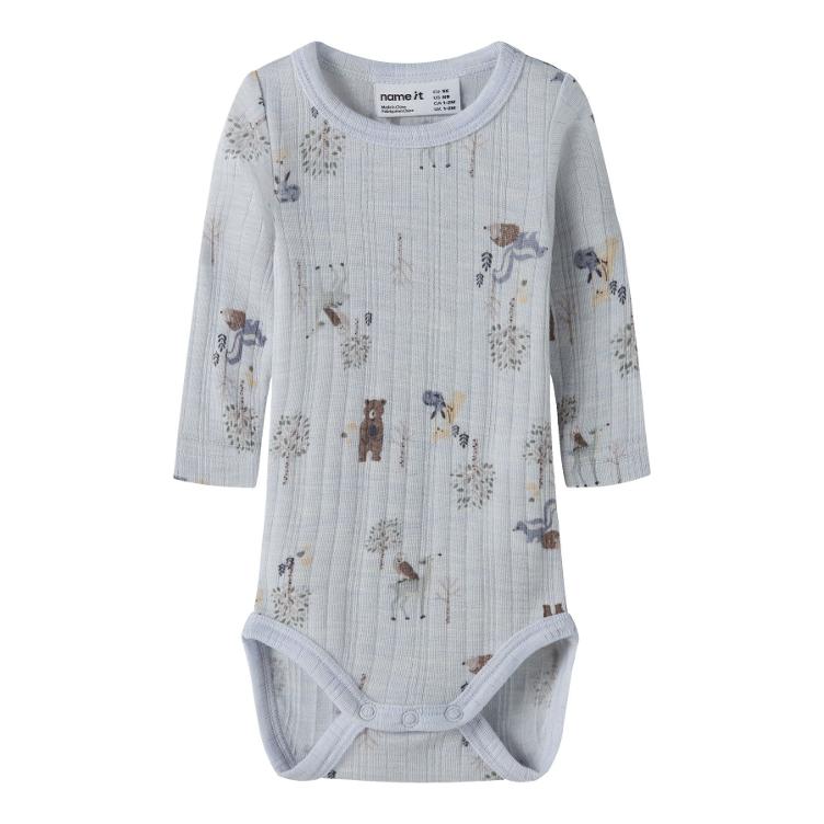 NAME IT BABY Langarm Body aus 100% Merinowolle – Arctic Ice Forest Animals