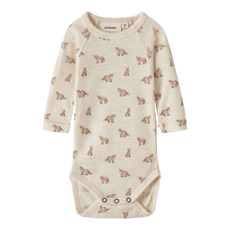 Lil’ Atelier BABY Langarm Body aus Merinowolle und TENCEL™ Modal – White Turtledove Fox
