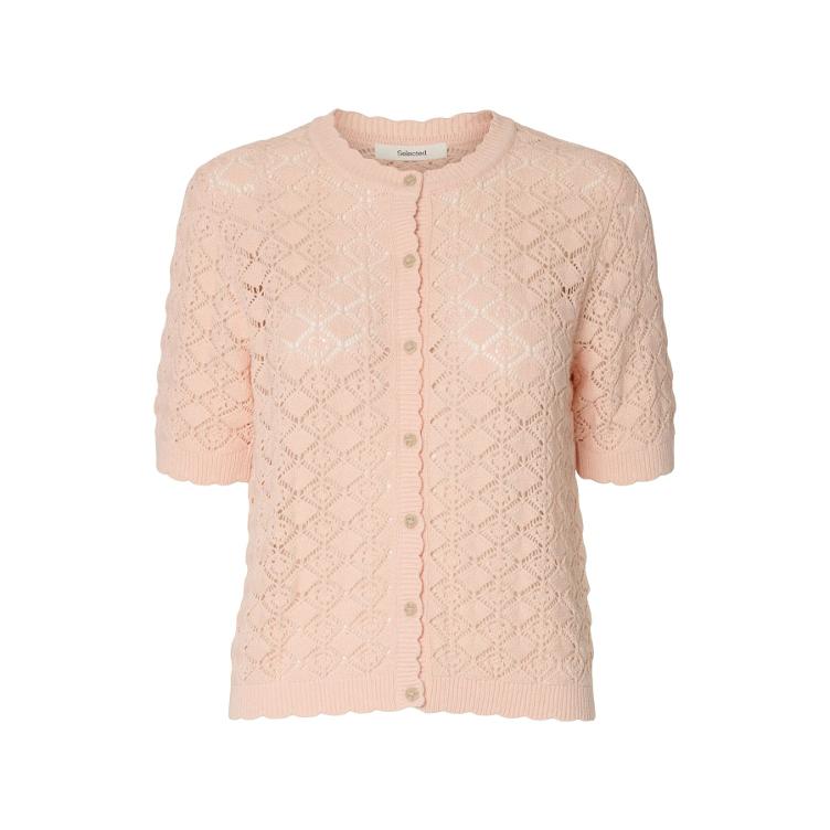 SALE I Selected Femme – Kurzarm Cardigan aus Baumwolle & Bio-Baumwolle (Loose Fit) mit Scallop-Detail