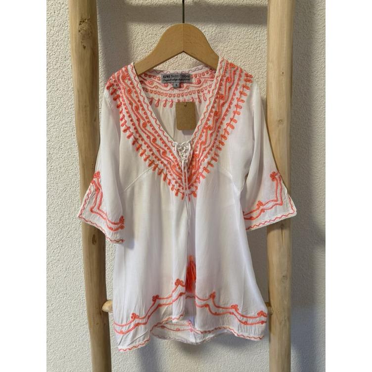 Pre-Loved Strandkleid von Kiwi Saint-Tropez | Weiss mit pinker Stickerei | Grösse: 4Y