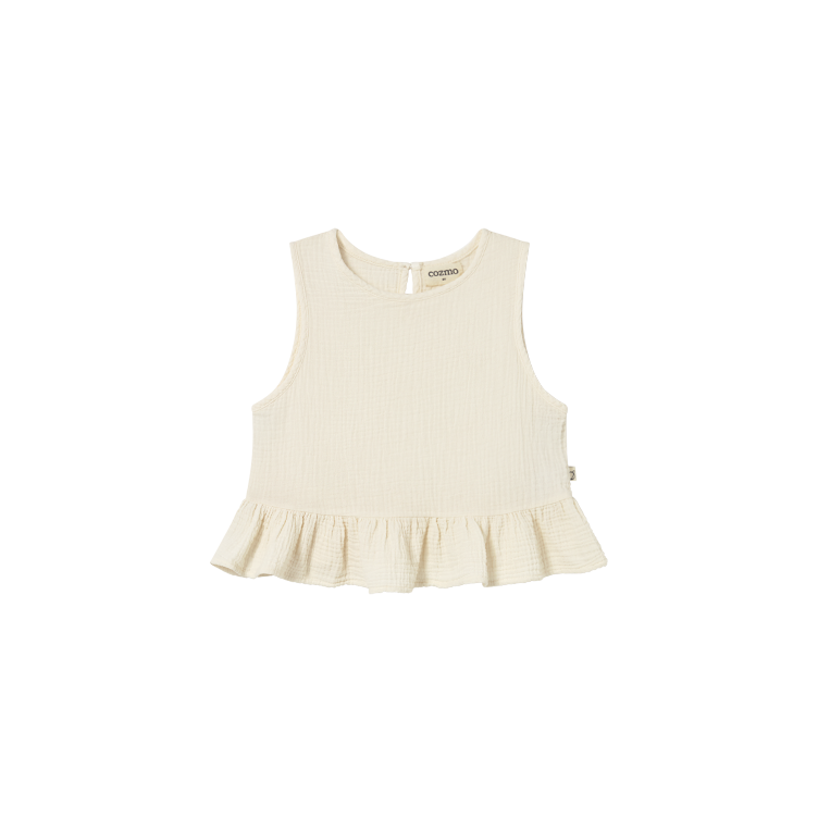 SALE I Cozmo – Blair Top aus weichem Baumwoll-Gauze (Ivory) – ärmellos mit Peplum