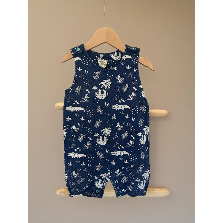 Pre-Loved Sommer-Strampler von Loud + Proud | Navyblau mit Tier-Print | Grösse: 74/80