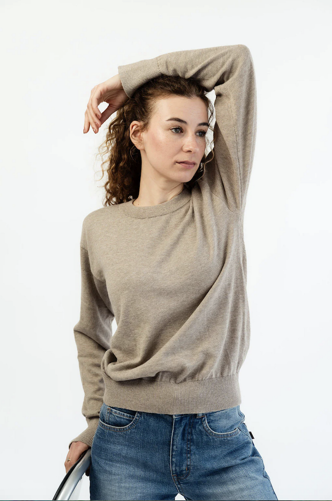 Feinstrick Pullover aus Baumwolle – Hellbraun meliert - 0